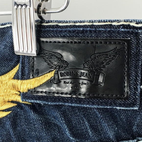 Robins Jeans Mens Blue Classic Embroidered Gold Wings Heavy Stitching 44 x 35 - Picture 11 of 14